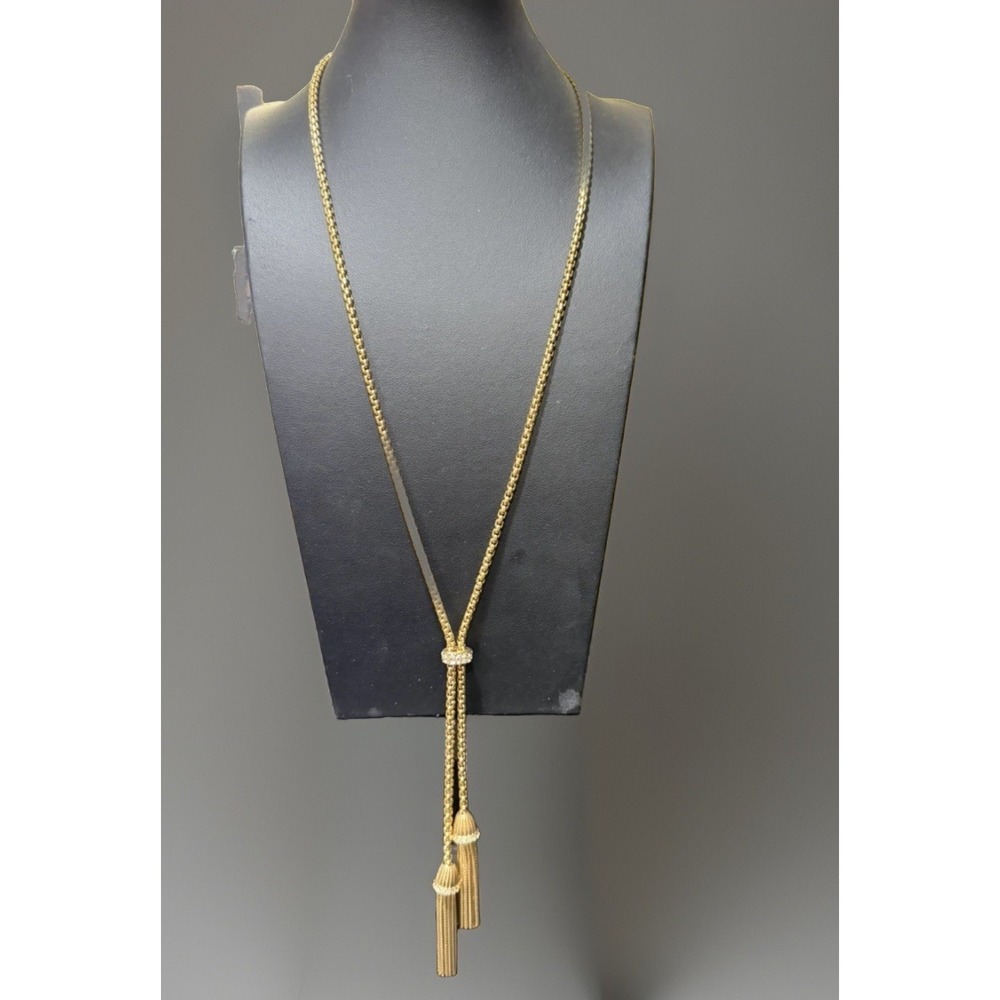 J Crew Long Gold Tone Tassel Chain Necklace Clear Rhinestones Fringe